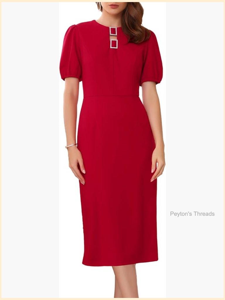 Formal Puff Sleeve Keyhole Neck Midi Sheath Dress Wedding Guest Cocktail